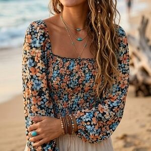 NWT O'Neill Floral Smocked Long Sleeve Boho Puff Sleeve Beach Girl Top Size L